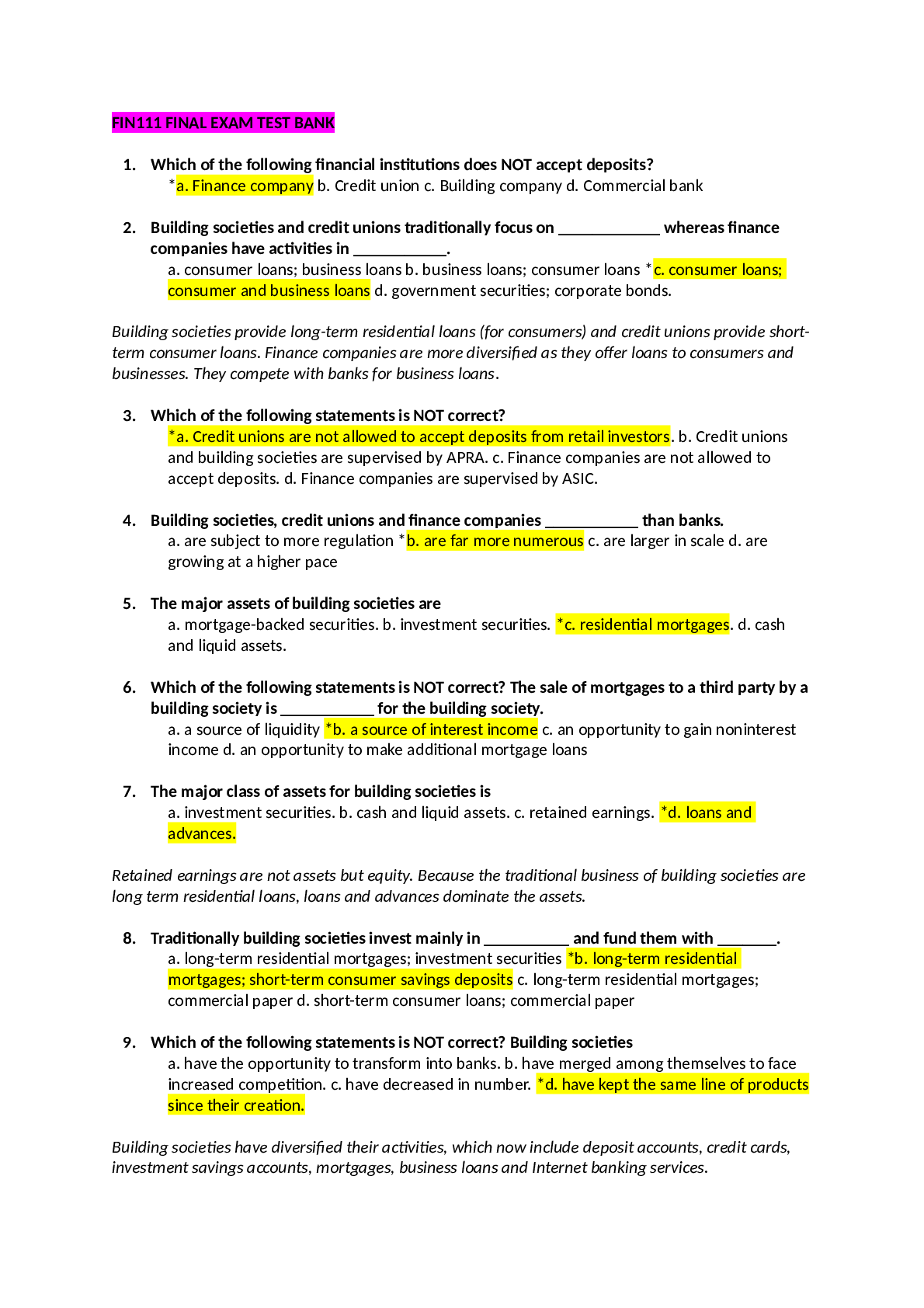 Preview of FIN111 FINAL EXAM TEST BANK OVER 500 QUESTIONS WITH CORRECT ANSWERS